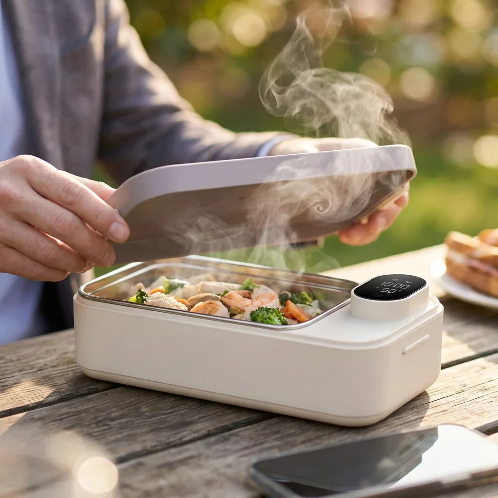 Repas fait maison bien chaud dans la boîte chauffante BentoChaud en extérieur