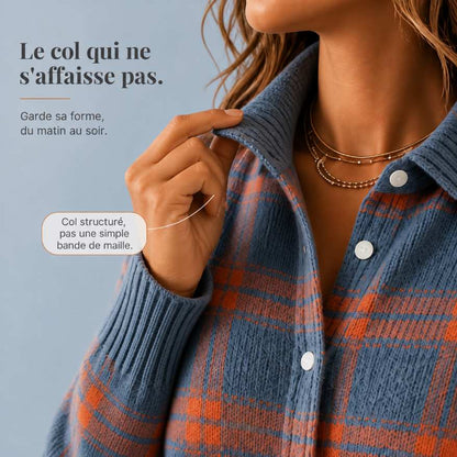 Carreline™ – Gilet en Maille à Carreaux et Col Chemise