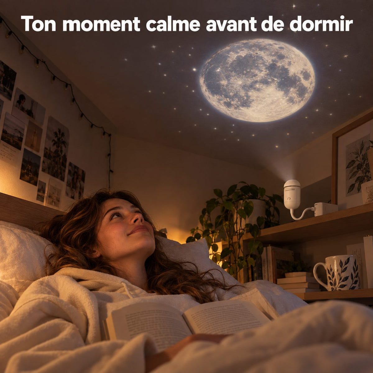 Lune projetée au plafond pour un moment calme avant de dormir