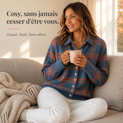 Carreline™ – Gilet en Maille à Carreaux et Col Chemise