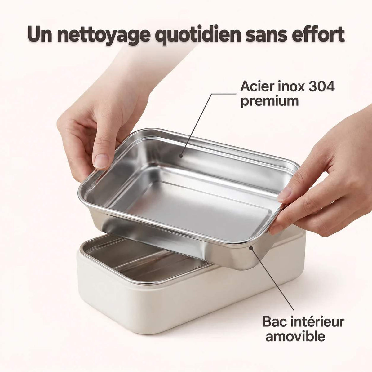 Bac intérieur amovible en acier inox 304 de la BentoChaud, nettoyage facile
