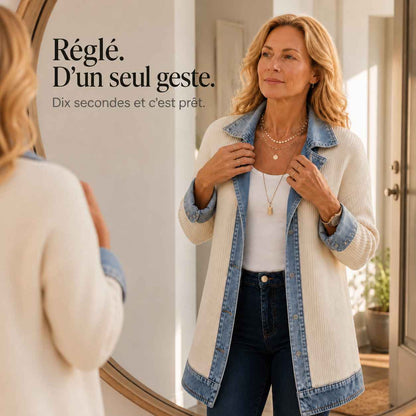 MailleJean™ – Manteau en Maille Côtelée à Empiècements Denim