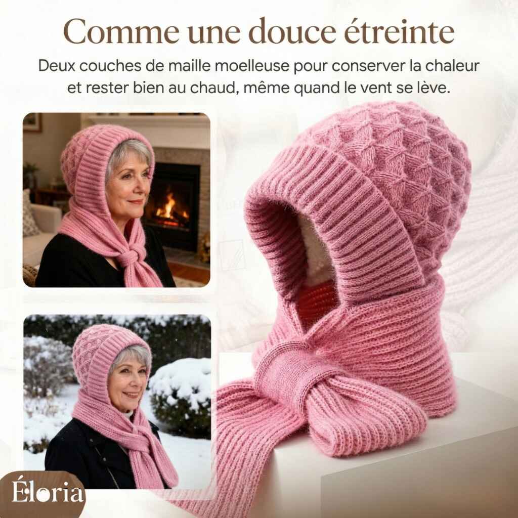 Bonnet et écharpe intégrés Éloria™ portés par une femme en hiver, accessoire tout-en-un chaud et confortable par temps froid