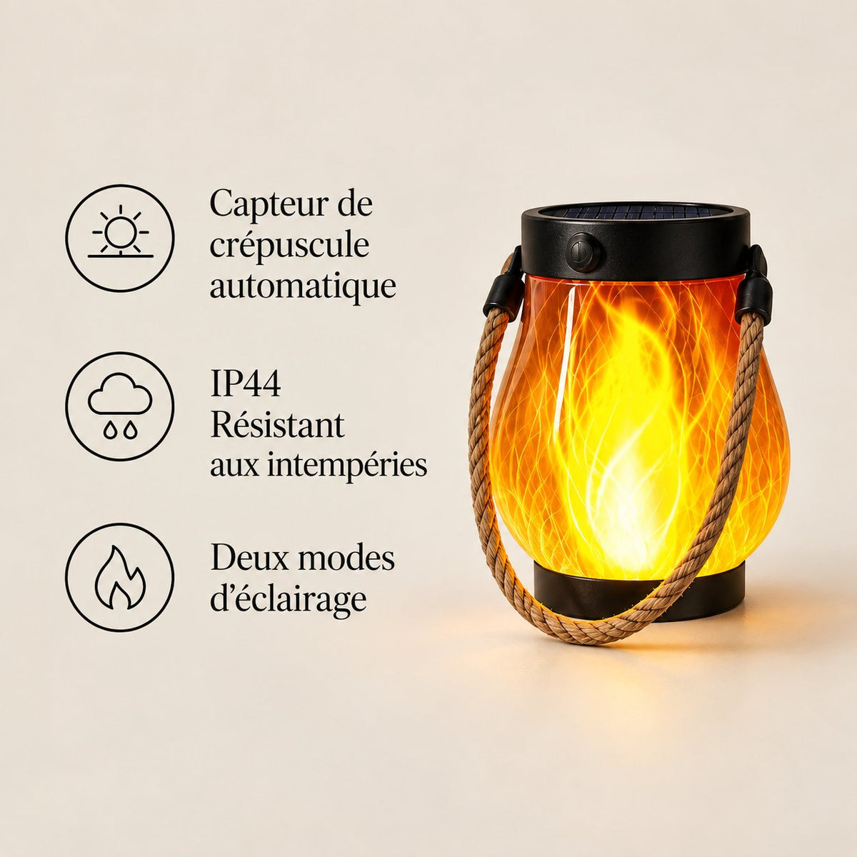 Emberholm™ – Lanterne Solaire Flamme Vacillante avec Poignée Corde