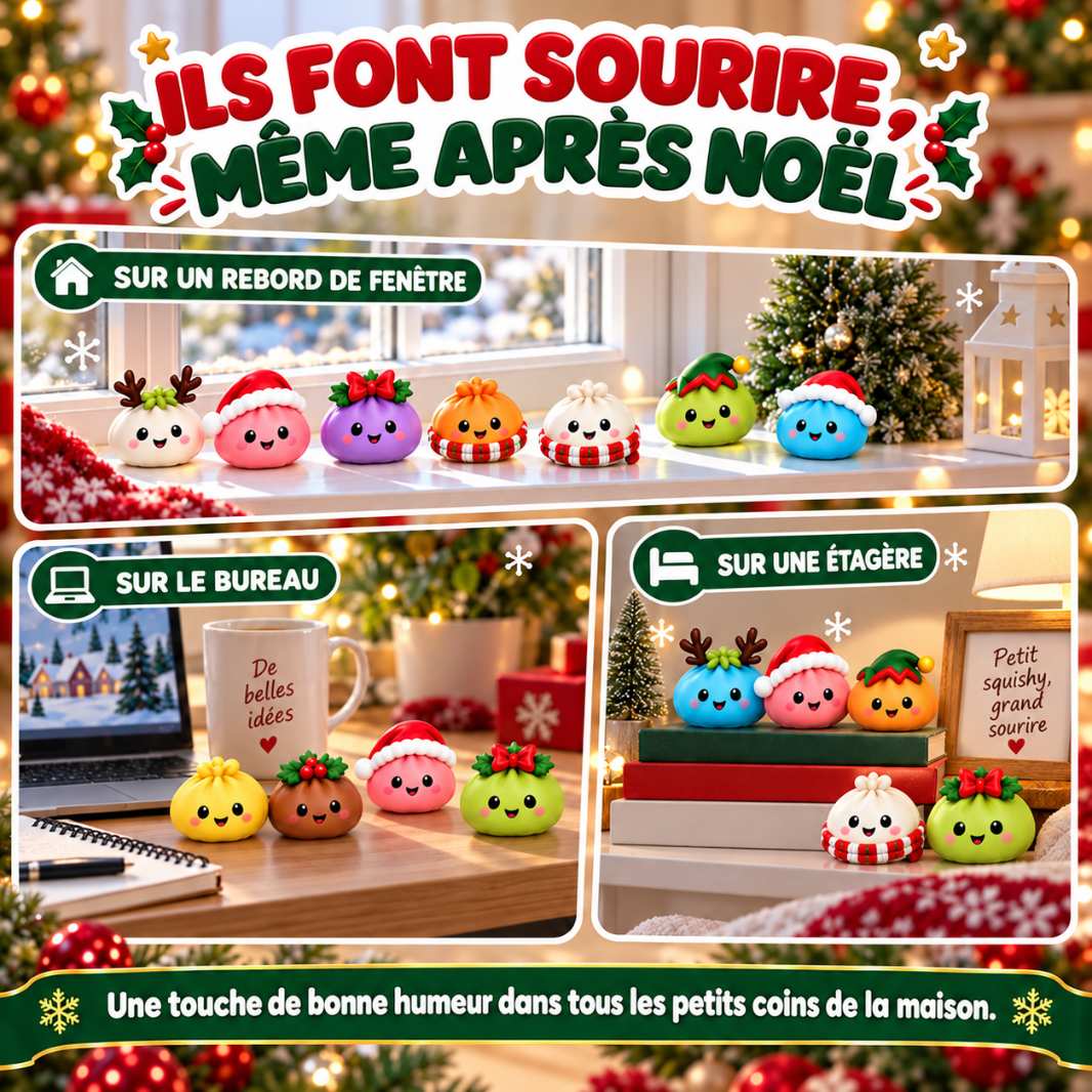 Squishies MochiNoël exposés sur une fenêtre, un bureau et une étagère après Noël