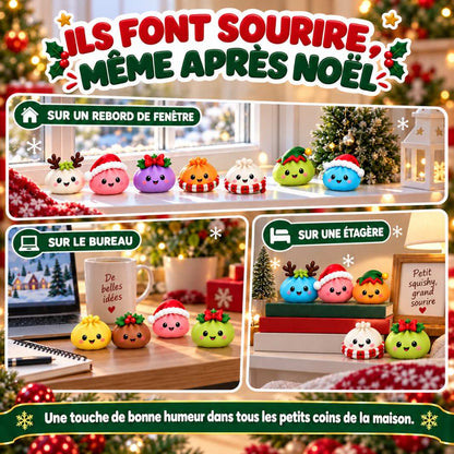 Squishies MochiNoël exposés sur une fenêtre, un bureau et une étagère après Noël