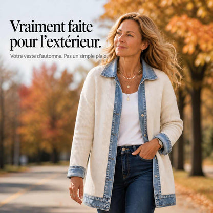 MailleJean™ – Manteau en Maille Côtelée à Empiècements Denim