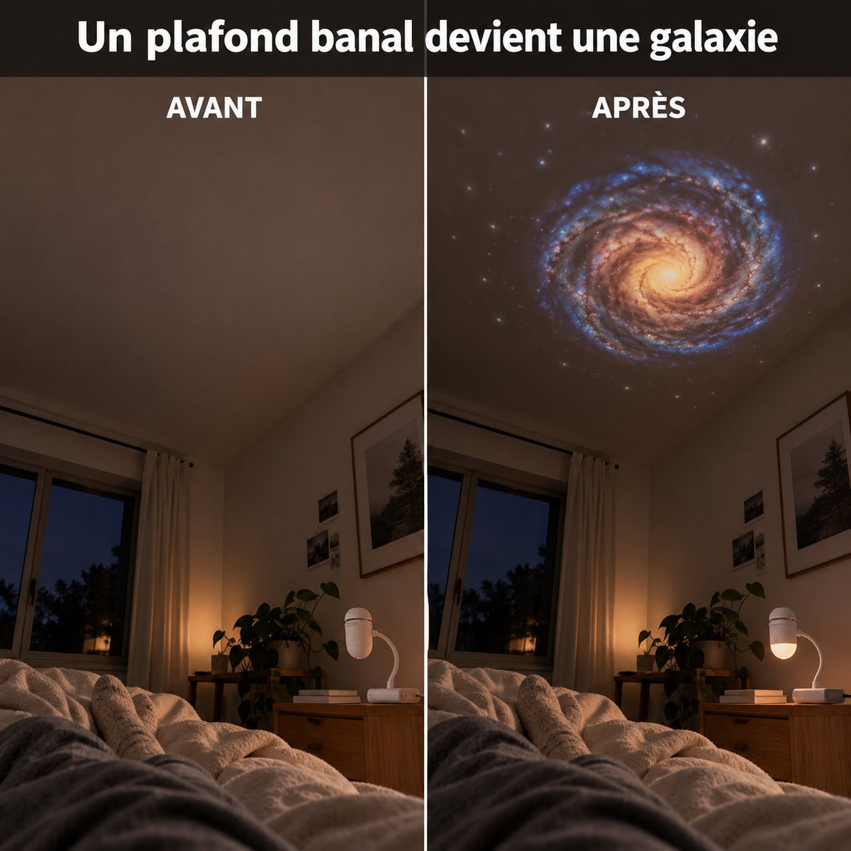 Avant / après : un plafond banal devient une galaxie avec Rêvéo