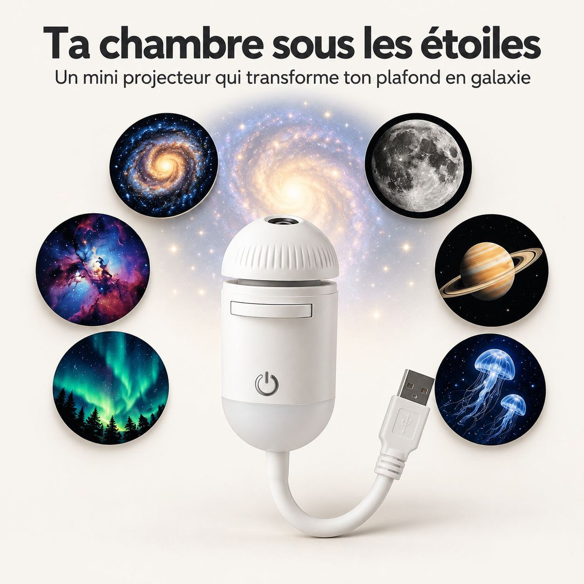 Projecteur Rêvéo et ses disques : galaxie, lune, Saturne, aurore boréale, méduses