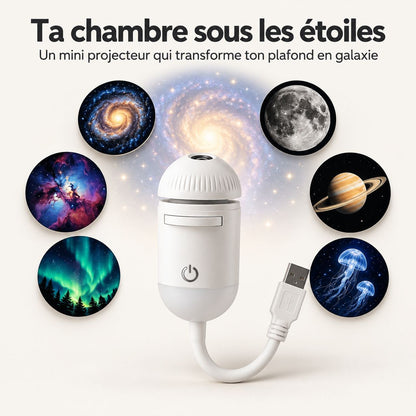 Projecteur Rêvéo et ses disques : galaxie, lune, Saturne, aurore boréale, méduses