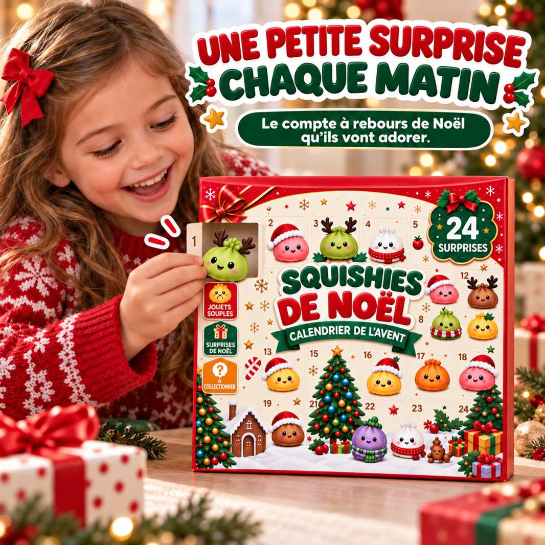 Petite fille ouvrant une case du calendrier de l'Avent squishies MochiNoël