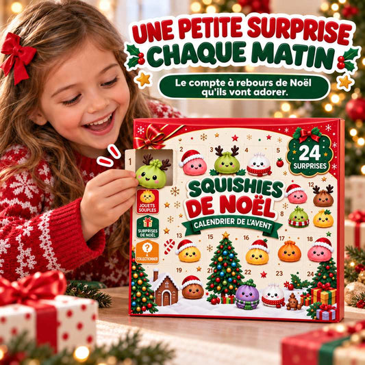 Petite fille ouvrant une case du calendrier de l'Avent squishies MochiNoël