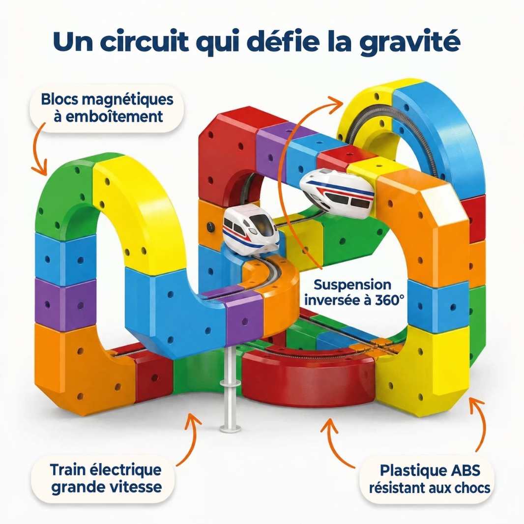 Circuit LocoJoie qui défie la gravité : blocs magnétiques, train électrique, plastique ABS
