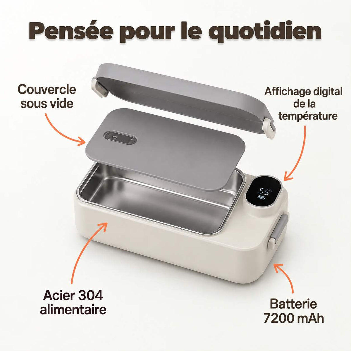 BentoChaud : couvercle sous vide, affichage digital de la température, acier 304, batterie 7200 mAh