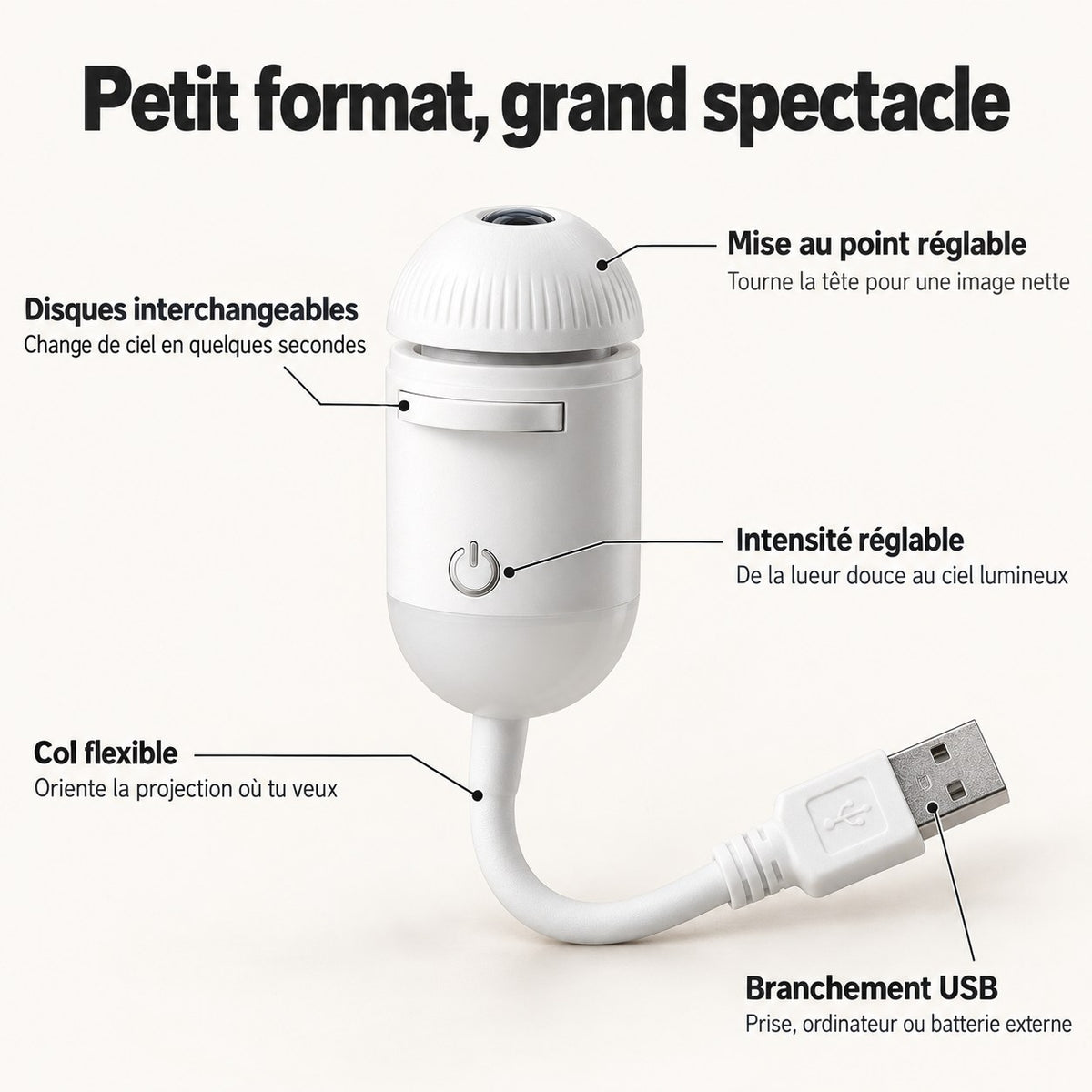 Rêvéo : disques interchangeables, mise au point et intensité réglables, col flexible, branchement USB