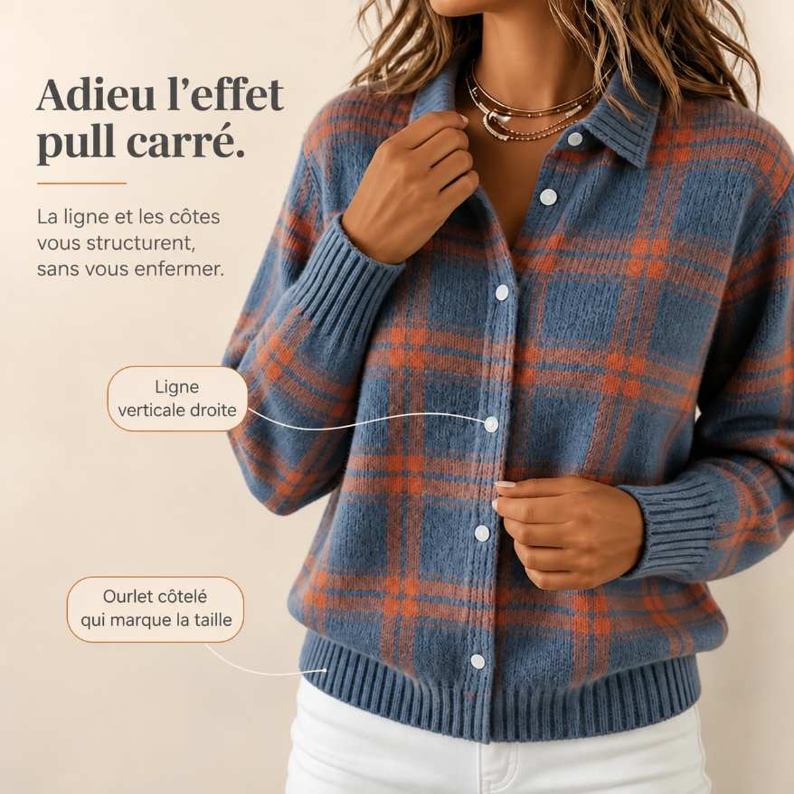 Carreline™ – Gilet en Maille à Carreaux et Col Chemise