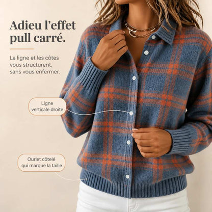 Carreline™ – Gilet en Maille à Carreaux et Col Chemise