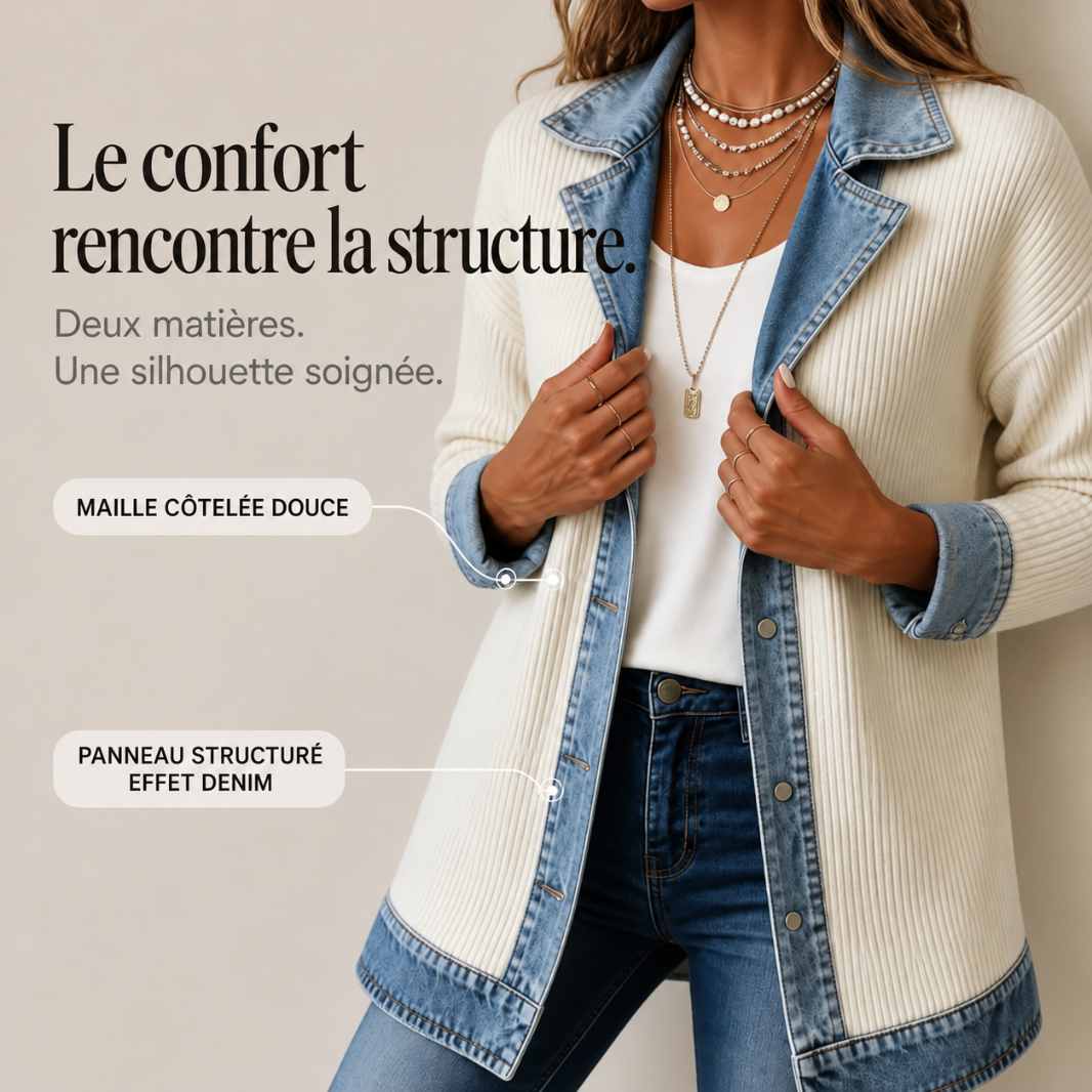 MailleJean™ – Manteau en Maille Côtelée à Empiècements Denim
