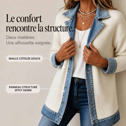 MailleJean™ – Manteau en Maille Côtelée à Empiècements Denim
