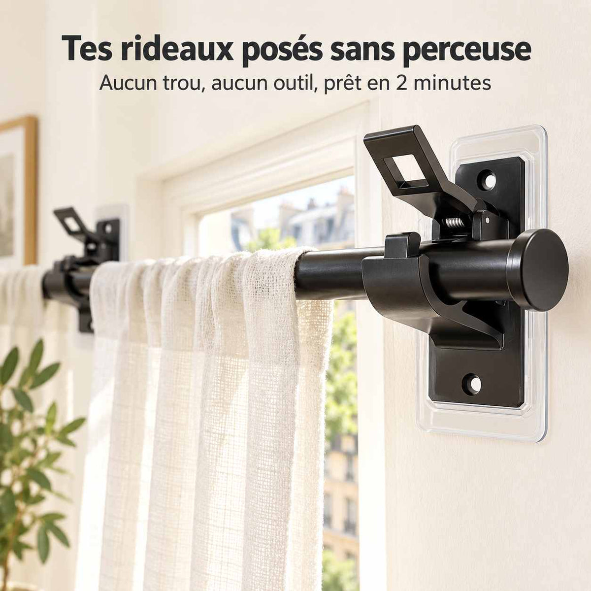 Rideaux posés sans perceuse avec supports StickRod noirs