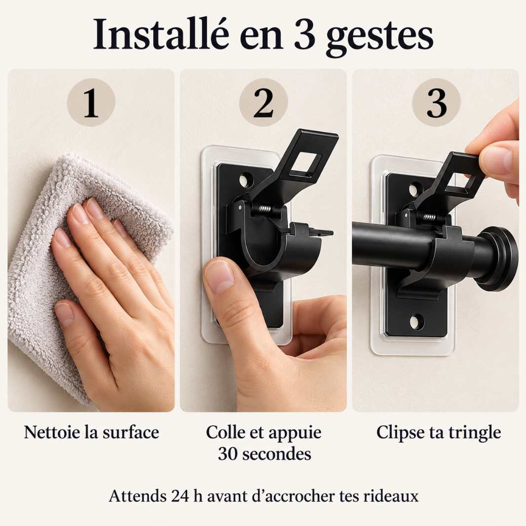 Installation StickRod en 3 gestes : nettoyer, coller, clipser la tringle