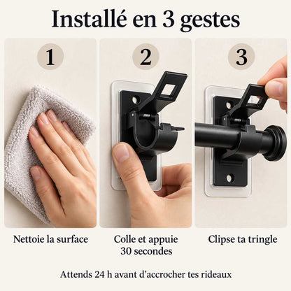Installation StickRod en 3 gestes : nettoyer, coller, clipser la tringle
