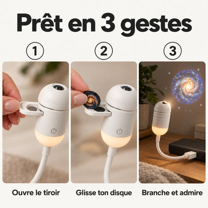 Rêvéo prêt en 3 gestes : ouvrir le tiroir, glisser le disque, brancher