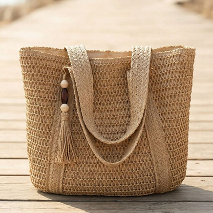 TressChic™ – Sac Cabas Tressé Bohème avec Fermeture Éclair & Pompon – 50% OFF