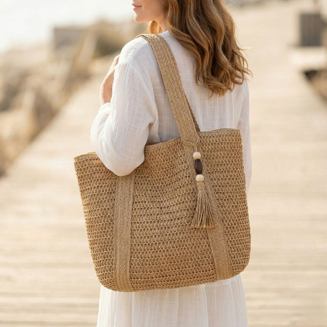 TressChic™ – Sac Cabas Tressé Bohème avec Fermeture Éclair & Pompon – 50% OFF
