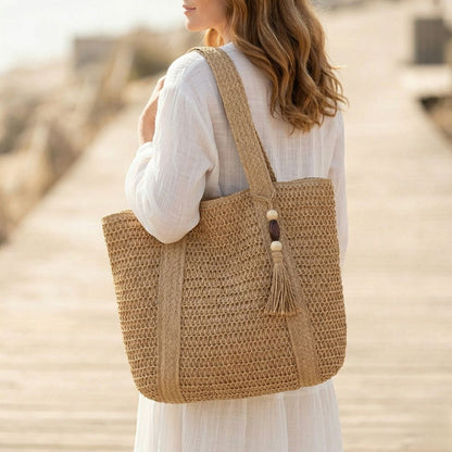 TressChic™ – Sac Cabas Tressé Bohème avec Fermeture Éclair & Pompon – 50% OFF