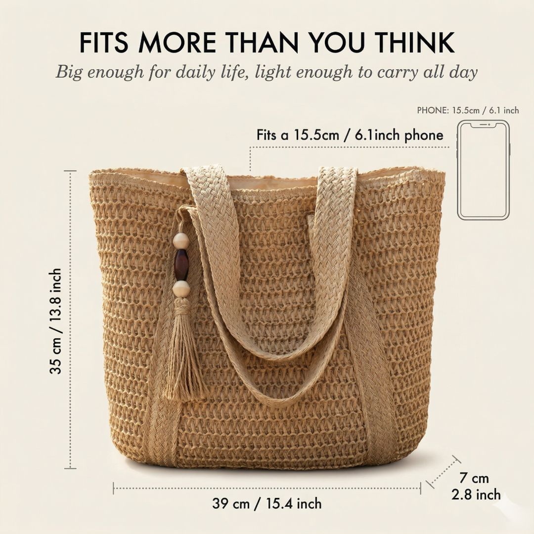 TressChic™ – Sac Cabas Tressé Bohème avec Fermeture Éclair & Pompon – 50% OFF