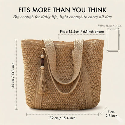 TressChic™ – Sac Cabas Tressé Bohème avec Fermeture Éclair & Pompon – 50% OFF