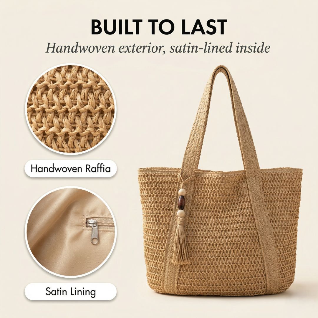 TressChic™ – Sac Cabas Tressé Bohème avec Fermeture Éclair & Pompon – 50% OFF