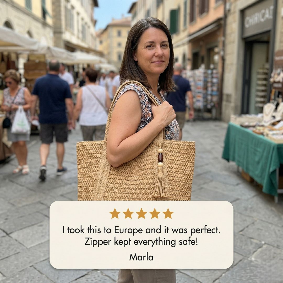 TressChic™ – Sac Cabas Tressé Bohème avec Fermeture Éclair & Pompon – 50% OFF
