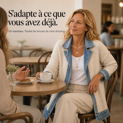 MailleJean™ – Manteau en Maille Côtelée à Empiècements Denim
