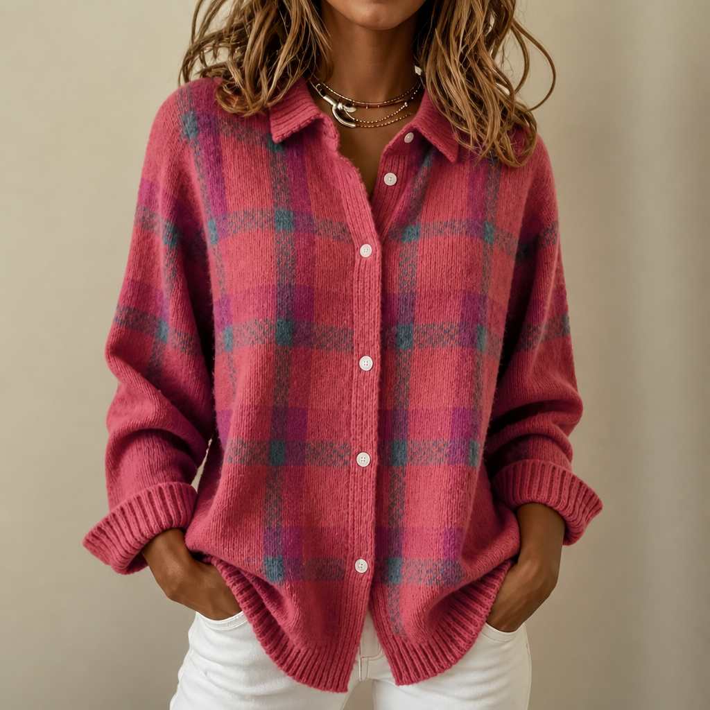 Carreline™ – Gilet en Maille à Carreaux et Col Chemise
