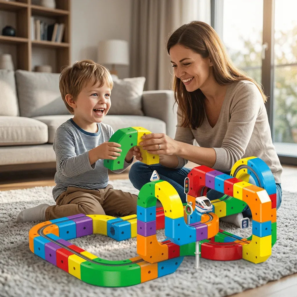 Maman et enfant construisant ensemble le circuit de train LocoJoie