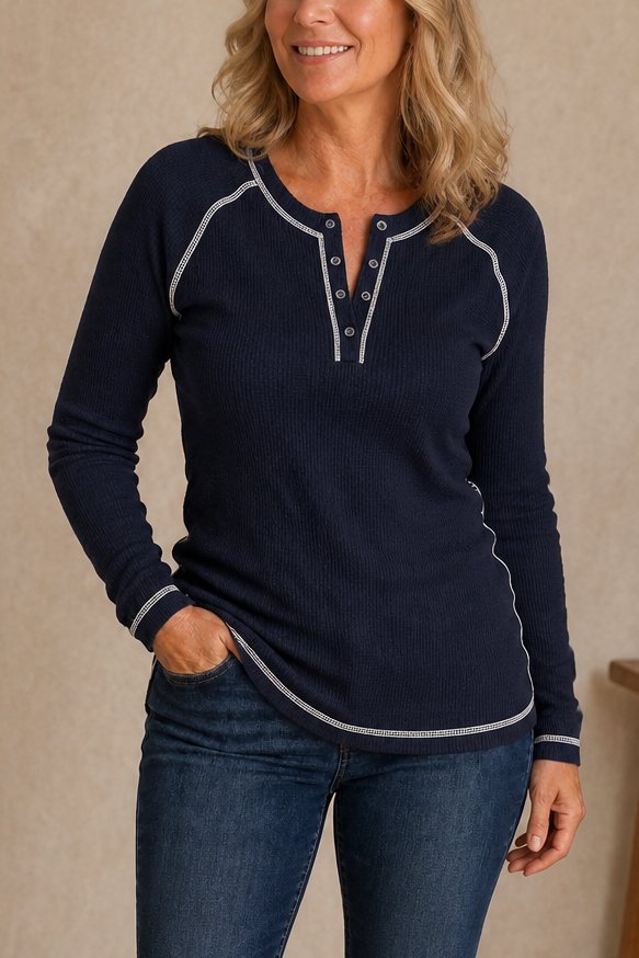 GaufréChic™ – Haut Henley en Maille Gaufrée à Surpiqûres Contrastées