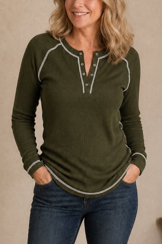 GaufréChic™ – Haut Henley en Maille Gaufrée à Surpiqûres Contrastées