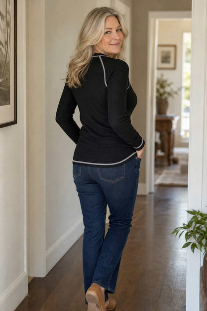 GaufréChic™ – Haut Henley en Maille Gaufrée à Surpiqûres Contrastées