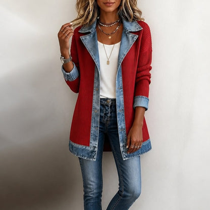 MailleJean™ – Manteau en Maille Côtelée à Empiècements Denim