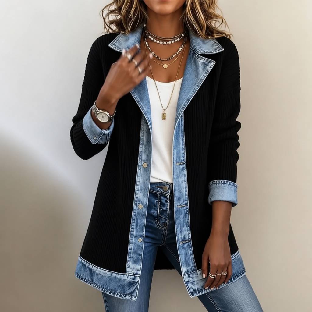 MailleJean™ – Manteau en Maille Côtelée à Empiècements Denim