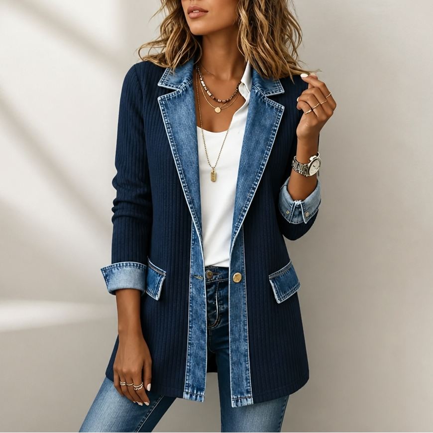 MailleJean™ – Manteau en Maille Côtelée à Empiècements Denim