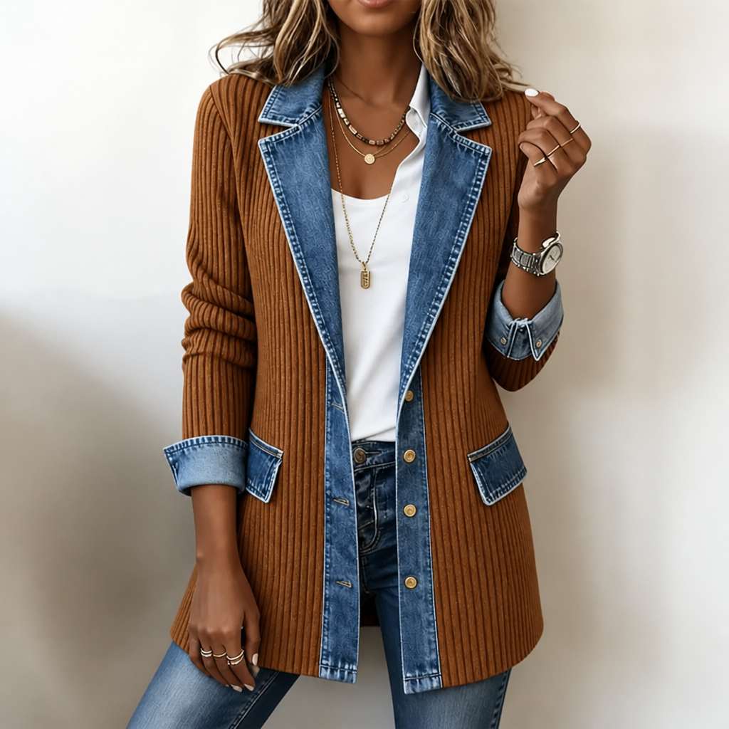 MailleJean™ – Manteau en Maille Côtelée à Empiècements Denim